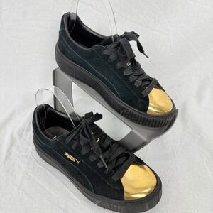 PUMA Platform Sneakers Black Suede Gold Toe‎ Women's Size 7.5